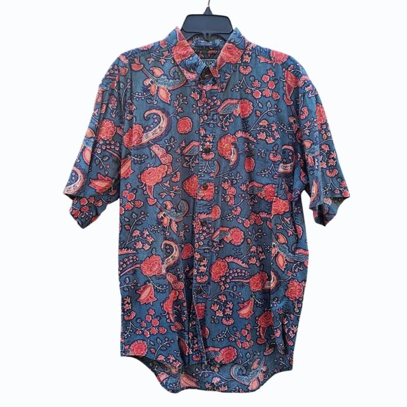 Vintage Chaps Ralph Lauren Mens Blue Red Floral Pocket Button Down Shirt Large - Picture 2 of 6